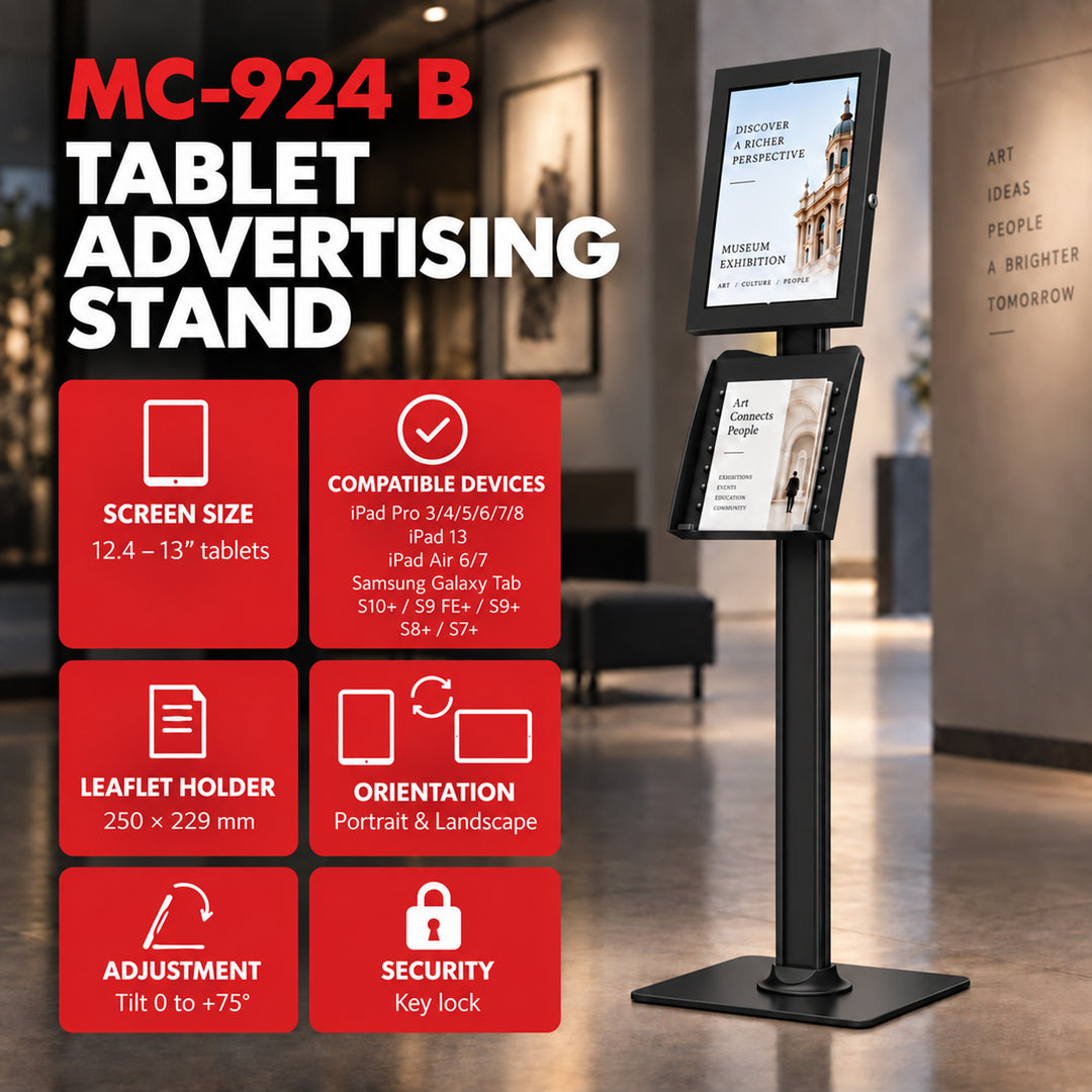 Soporte publicitario para tableta Maclean, con sistema de bloqueo. 12,4"-13", iPad Air/Pro, Samsung Tab S10+/S9+/S8+/S7+, 257 x 350 x 22 mm, MC-924 B