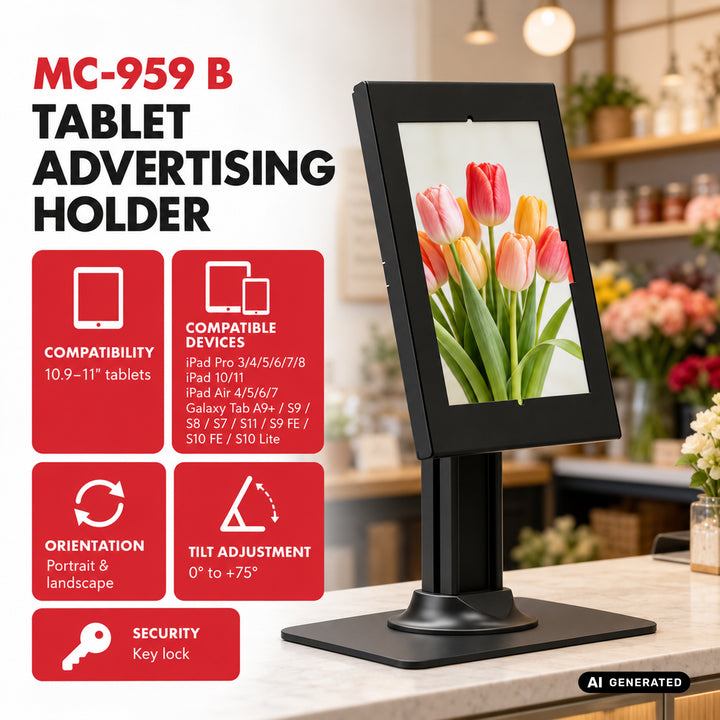 Soporte publicitario para tablet Maclean, con cierre de seguridad, 10,9"-11", iPad Air/Pro, Samsung Tab A y S Series, 220 x 323 x 22 mm, MC-959 B