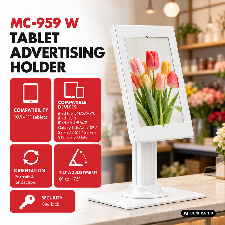 Soporte publicitario para tablet Maclean, con cierre de seguridad, 10,9"-11", iPad Air/Pro, Samsung Tab A y S Series, 220 x 323 x 22 mm, MC-959 W