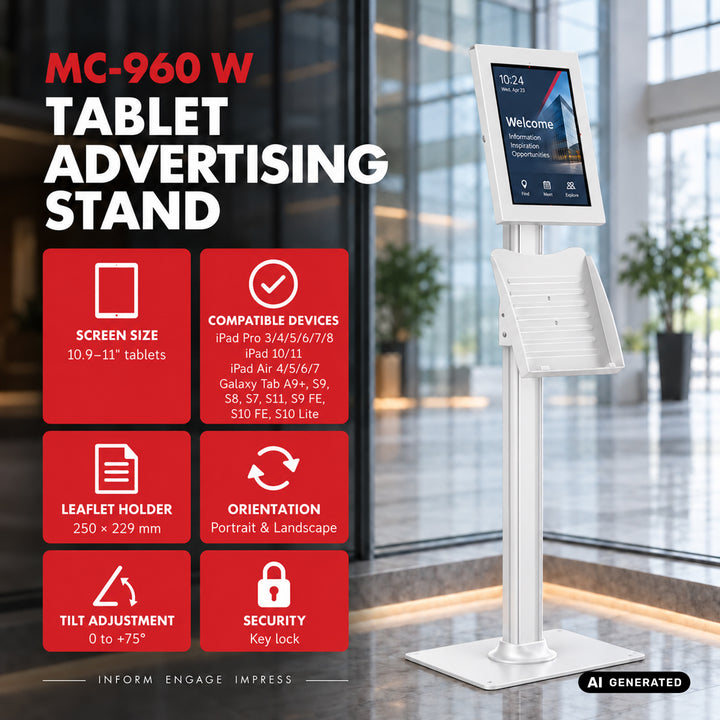 Soporte publicitario para tablet Maclean, con cierre de seguridad, 10,9"-11", iPad Air/Pro, Samsung Tab A y S Series, 220 x 323 x 22 mm, MC-960 W