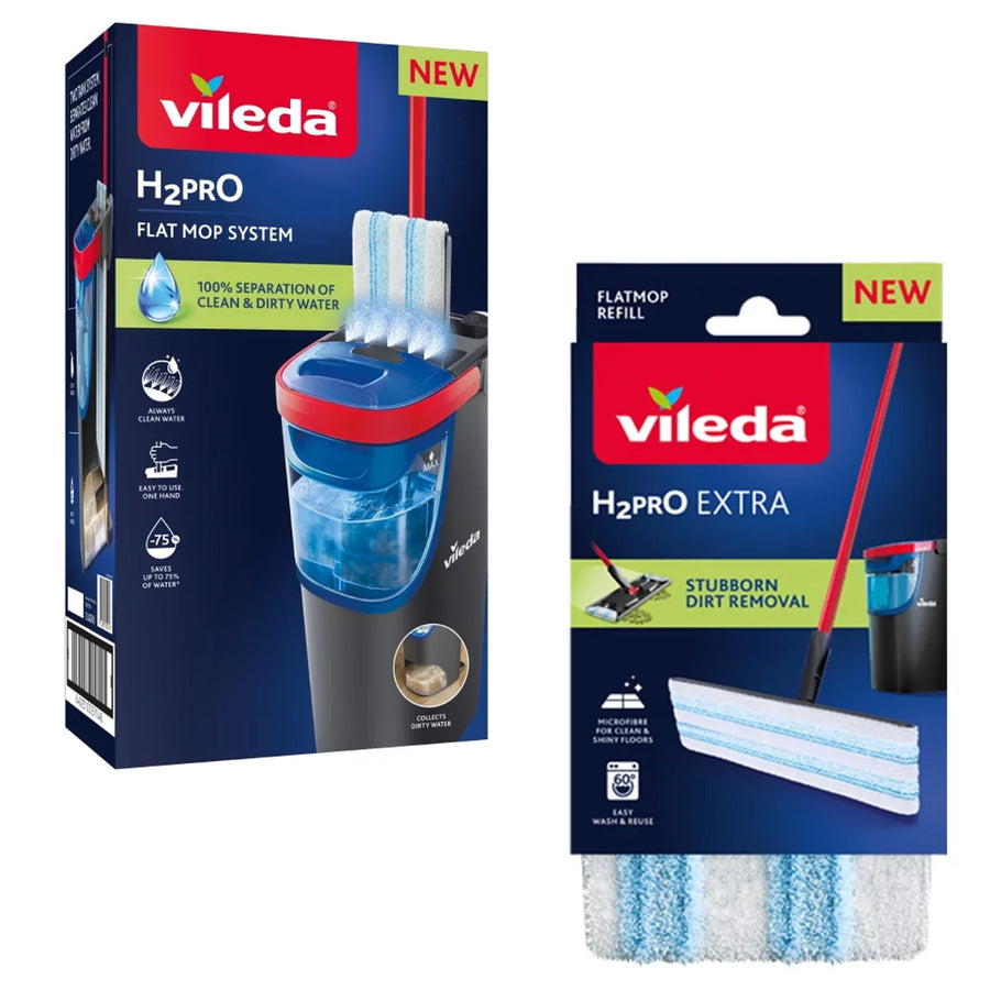 Fregona plana Vileda H2prO, separación del 100 % del agua limpia del agua sucia, dos depósitos, 2 fundas de microfibra, cabezal giratorio 360°, 175774