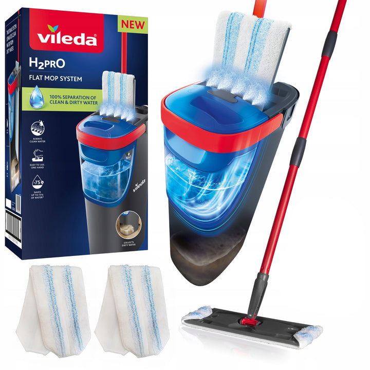 Fregona plana Vileda H2prO, separación del 100 % del agua limpia del agua sucia, dos depósitos, 2 fundas de microfibra, cabezal giratorio 360°, 175774