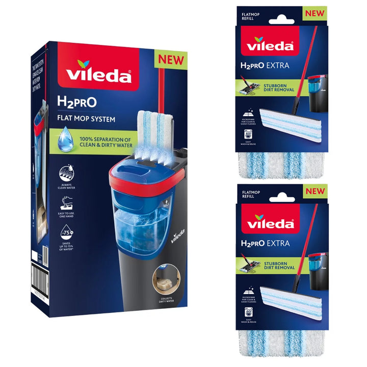 Fregona plana Vileda H2prO, separación del 100 % del agua limpia del agua sucia, dos depósitos, 3 fundas de microfibra, cabezal giratorio 360°, 175774