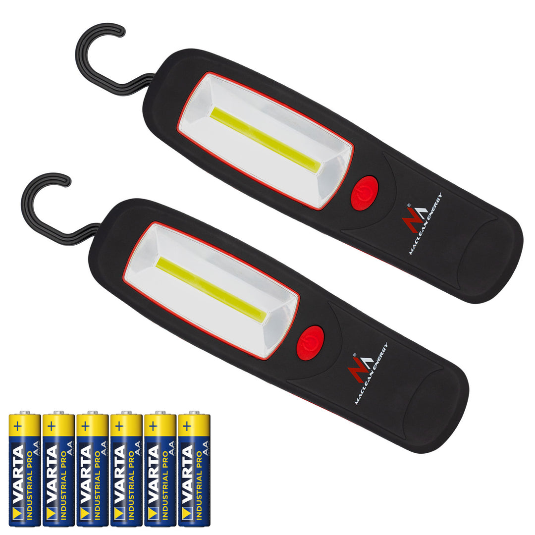 Lámpara de taller COB LED Maclean, con imán y gancho, MCE03, 2 unidades + 6 pilas Varta Industrial LR6/AA R-06