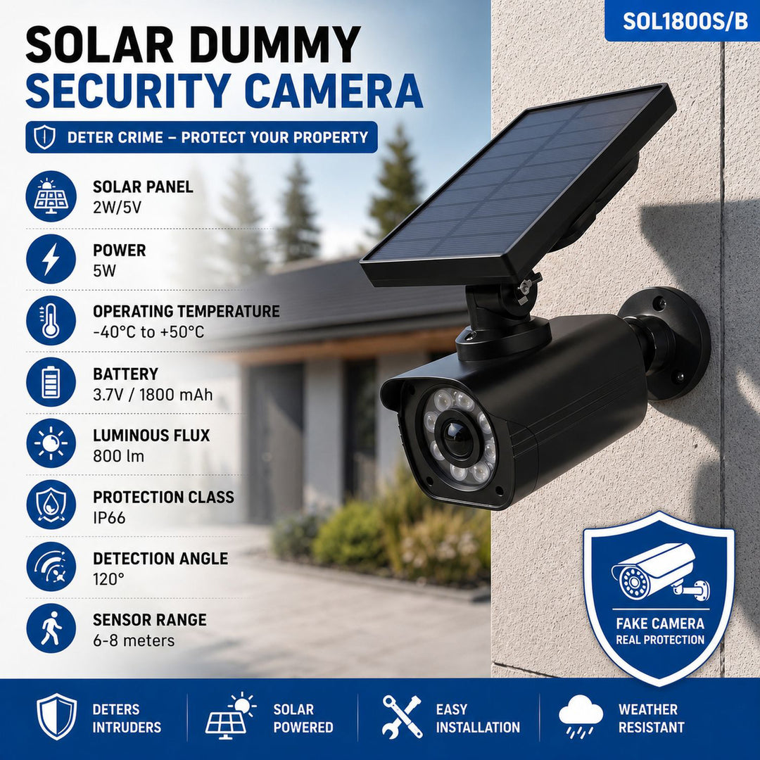Cámara de seguridad solar falsa, LED parpadeante, sensor de movimiento, iluminación LED, pegatina de regalo, SOL1800S/B