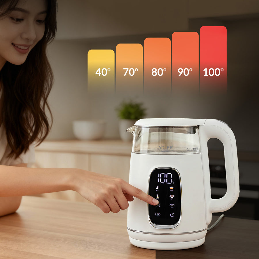 Hervidor eléctrico de vidrio con control de temperatura 1,7 l, LED, 40-100 °C, Adler AD 1305 WS blanco