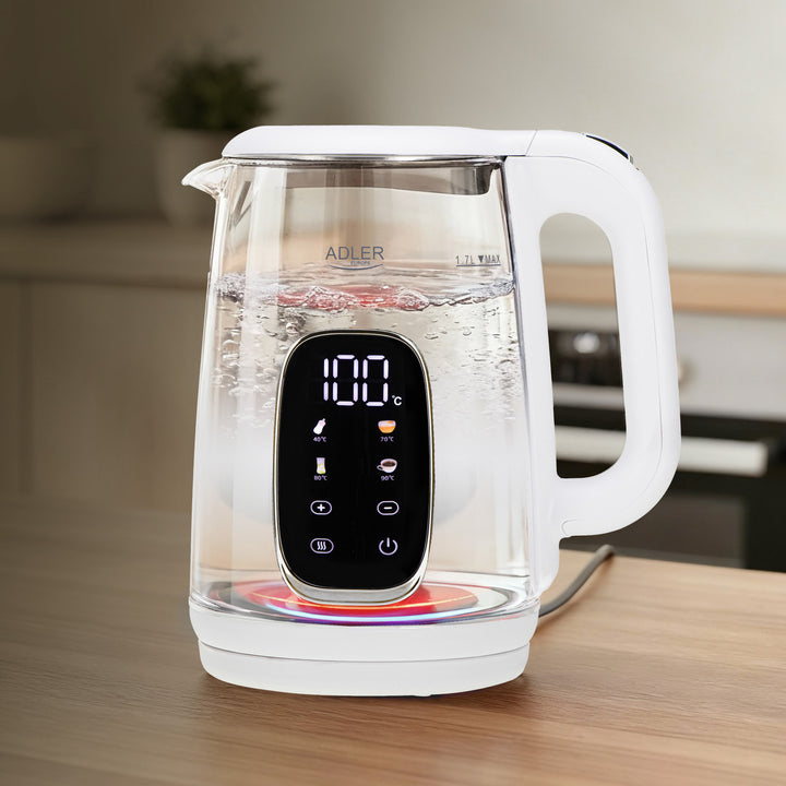 Hervidor eléctrico de vidrio con control de temperatura 1,7 l, LED, 40-100 °C, Adler AD 1305 WS blanco