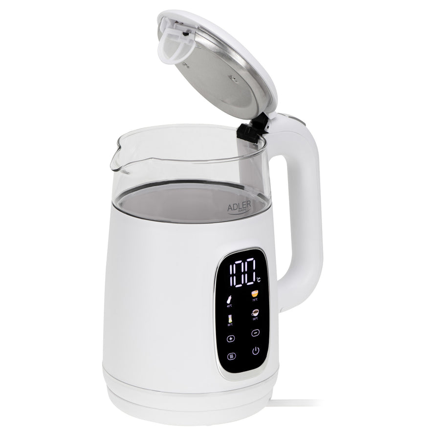 Hervidor eléctrico de vidrio con control de temperatura 1,7 l, LED, 40-100 °C, Adler AD 1305 WS blanco