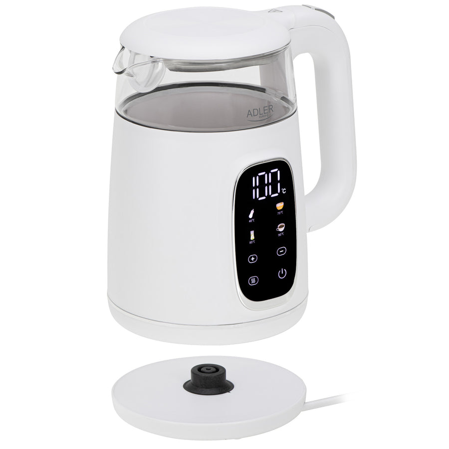 Hervidor eléctrico de vidrio con control de temperatura 1,7 l, LED, 40-100 °C, Adler AD 1305 WS blanco