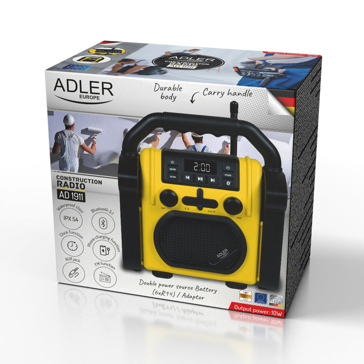 Radio para obras Adler, Bluetooth 5.1, IPX 54, potencia 10 W, AD 1911