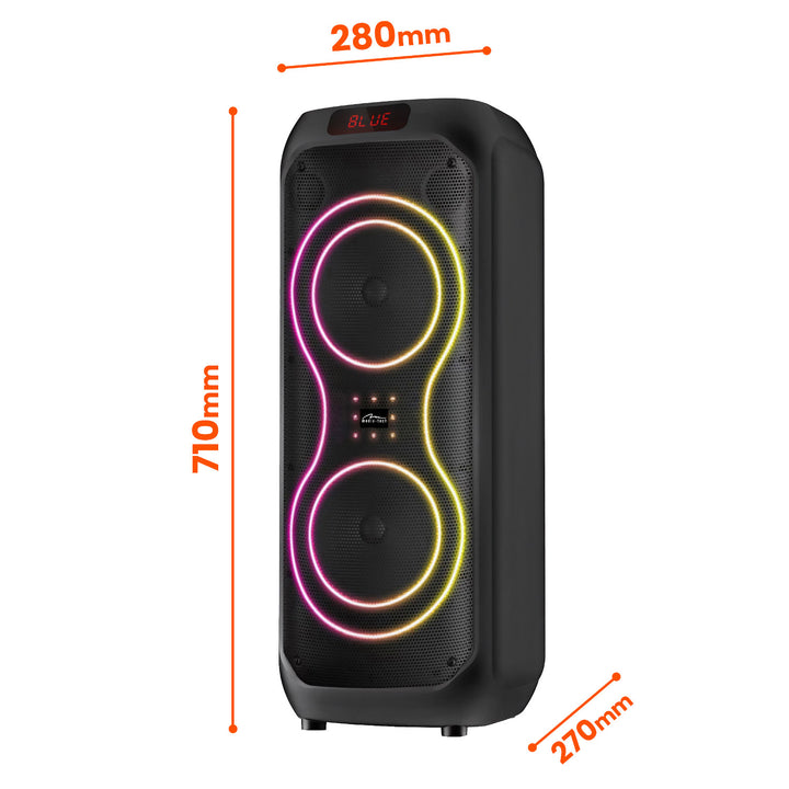 Altavoz Bluetooth grande, 120 W RMS/1400 W PMPO, dos altavoces de 8", ecualizador, función de karaoke, MP3/tarjetas microSD, USB, AUX, BT 5.3+EDR, pantalla, LED, batería integrada, mando a distancia, MT3185