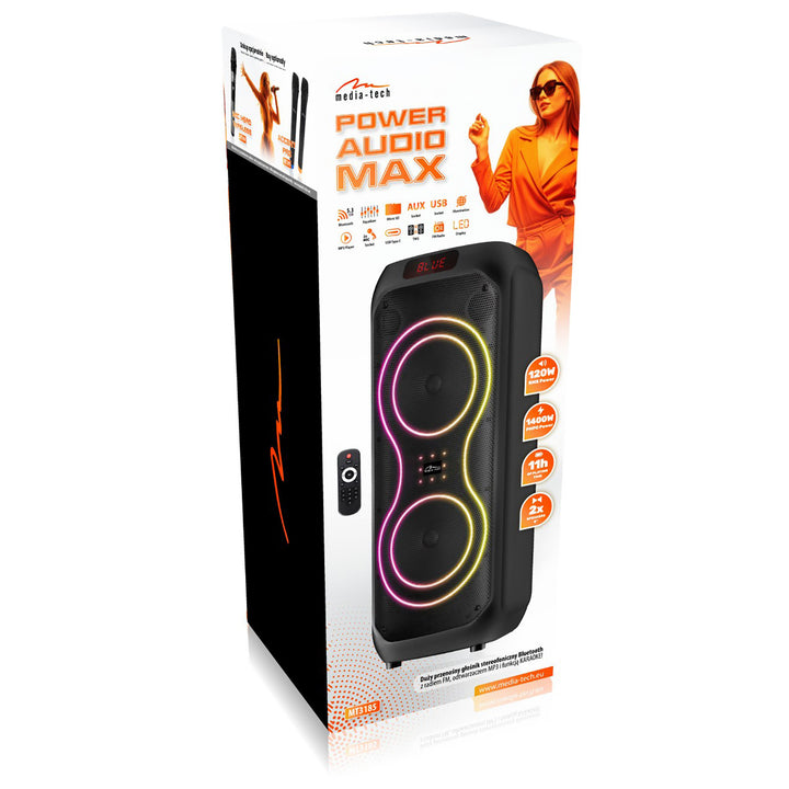 Altavoz Bluetooth grande, 120 W RMS/1400 W PMPO, dos altavoces de 8", ecualizador, función de karaoke, MP3/tarjetas microSD, USB, AUX, BT 5.3+EDR, pantalla, LED, batería integrada, mando a distancia, MT3185