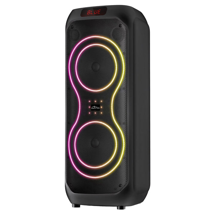Altavoz Bluetooth grande, 120 W RMS/1400 W PMPO, dos altavoces de 8", ecualizador, función de karaoke, MP3/tarjetas microSD, USB, AUX, BT 5.3+EDR, pantalla, LED, batería integrada, mando a distancia, MT3185