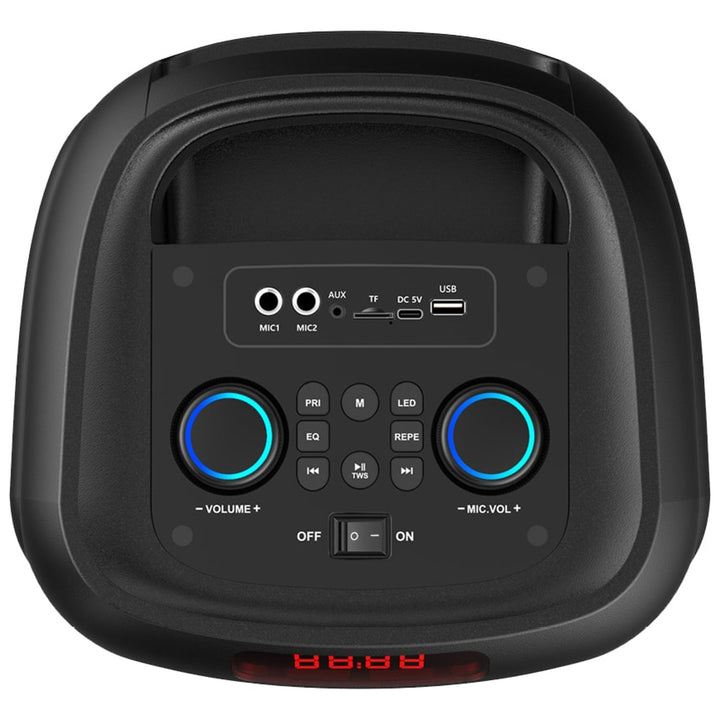 Altavoz Bluetooth grande, 120 W RMS/1400 W PMPO, dos altavoces de 8", ecualizador, función de karaoke, MP3/tarjetas microSD, USB, AUX, BT 5.3+EDR, pantalla, LED, batería integrada, mando a distancia, MT3185