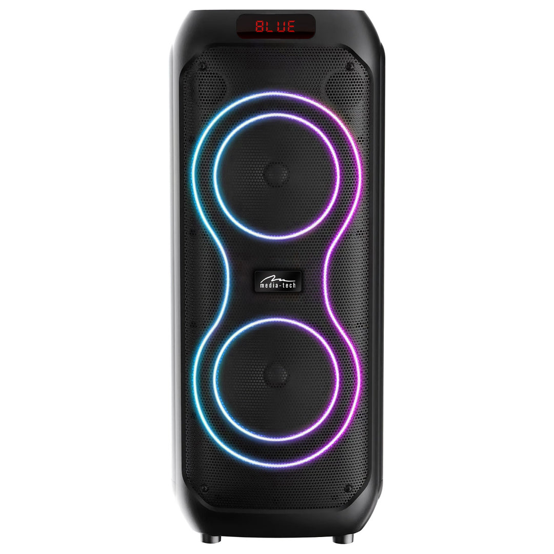 Altavoz Bluetooth grande, 120 W RMS/1400 W PMPO, dos altavoces de 8", ecualizador, función de karaoke, MP3/tarjetas microSD, USB, AUX, BT 5.3+EDR, pantalla, LED, batería integrada, mando a distancia, MT3185