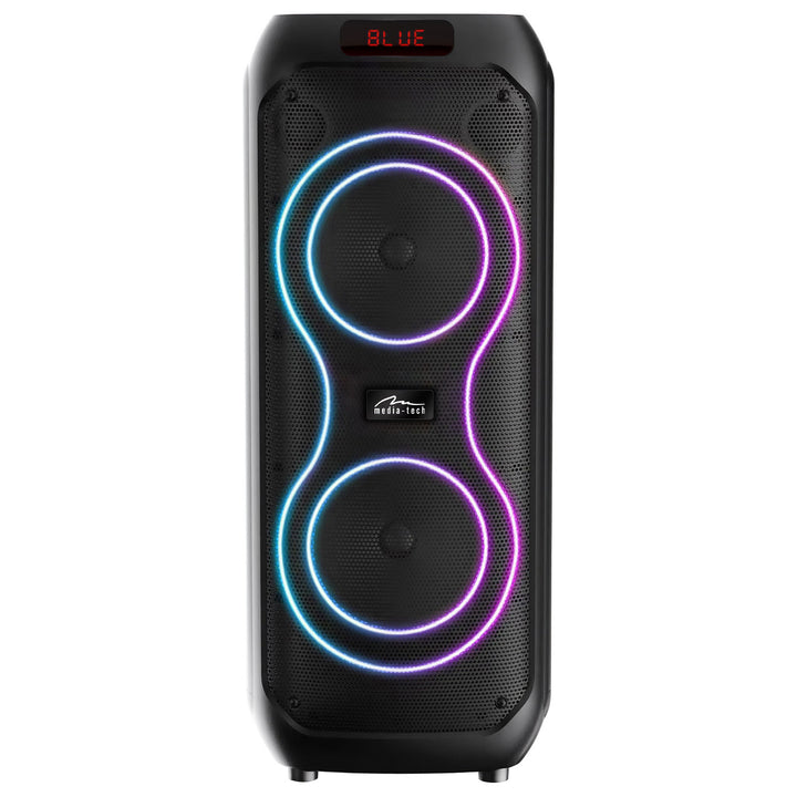 Altavoz Bluetooth grande, 120 W RMS/1400 W PMPO, dos altavoces de 8", ecualizador, función de karaoke, MP3/tarjetas microSD, USB, AUX, BT 5.3+EDR, pantalla, LED, batería integrada, mando a distancia, MT3185