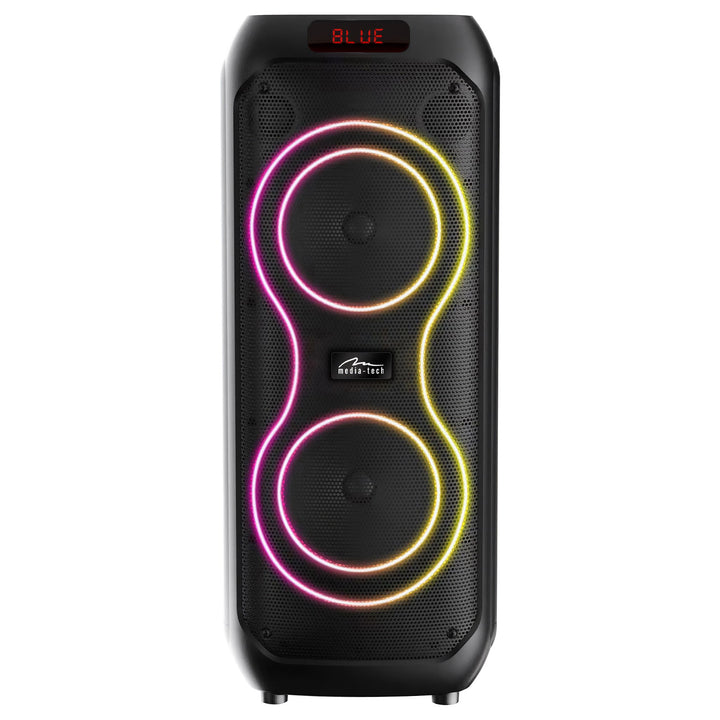 Altavoz Bluetooth grande, 120 W RMS/1400 W PMPO, dos altavoces de 8", ecualizador, función de karaoke, MP3/tarjetas microSD, USB, AUX, BT 5.3+EDR, pantalla, LED, batería integrada, mando a distancia, MT3185