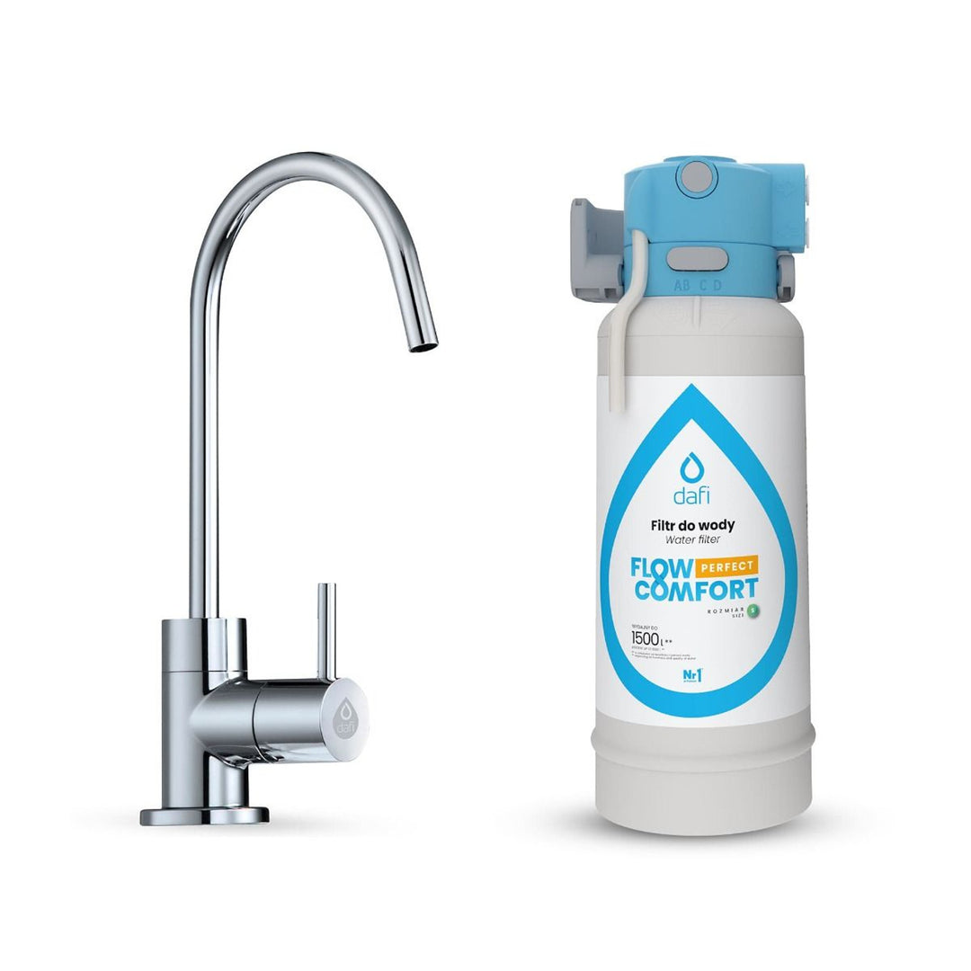 Sistema de filtrado Dafi Flow Comfort Perfect, con grifo para agua filtrada incluido, capacidad de filtrado de hasta 4,3 l/min, color cromo, F.FR.FIL.POD.Z.REG.BAT.1.DR