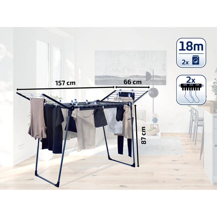 Secador Pegasus 180 Solid Black Leifheit, longitud de los cables 18 m, patas paralelas estables, resistente a las condiciones atmosféricas, 2 ganchos para la ropa, 81589