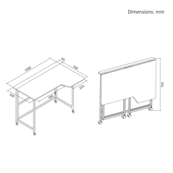 Mesa de trabajo plegable Maclean, negra, con ruedas, 100 x 65 cm, máx. 50 kg, en ángulo, forma de L, MC-1250 L/B