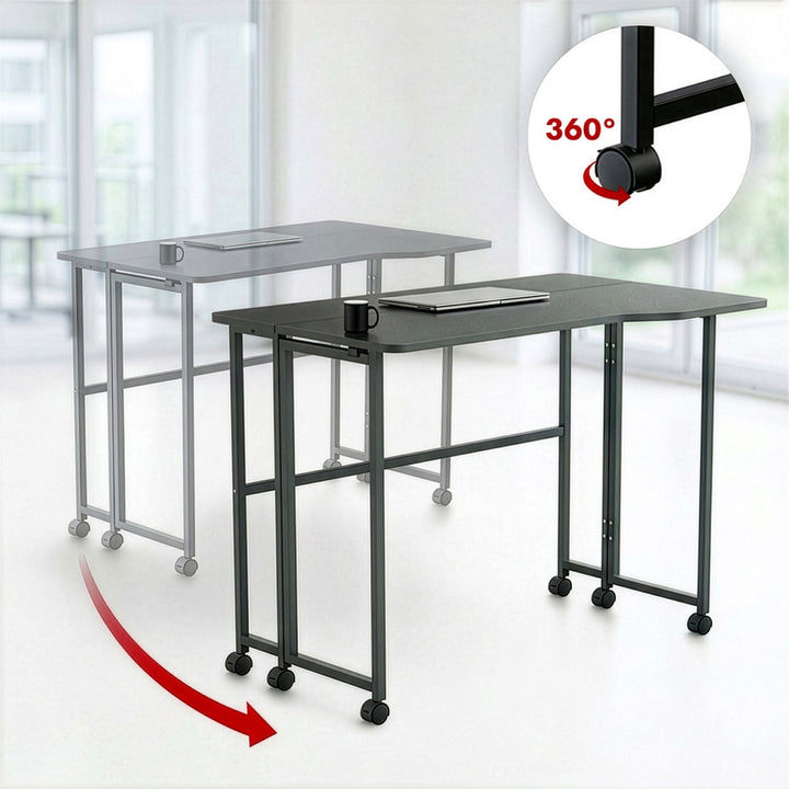 Mesa de trabajo plegable Maclean, negra, con ruedas, 100 x 65 cm, máx. 50 kg, en ángulo, forma de L, MC-1250 L/B