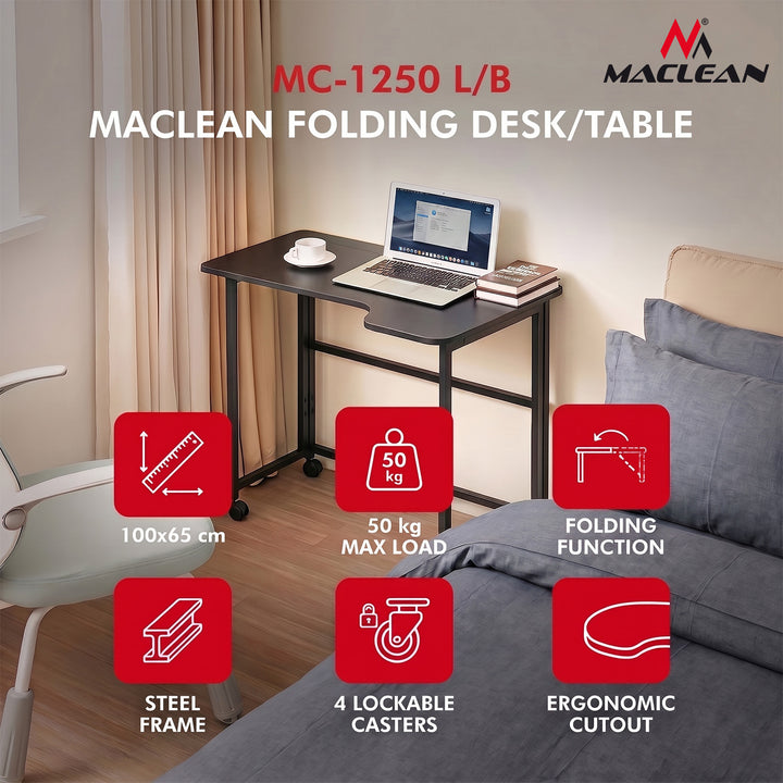 Mesa de trabajo plegable Maclean, negra, con ruedas, 100 x 65 cm, máx. 50 kg, en ángulo, forma de L, MC-1250 L/B