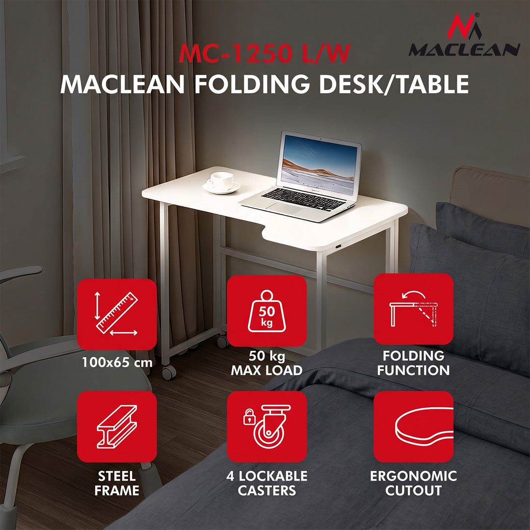 Mesa de trabajo plegable Maclean, blanca, con ruedas, 100 x 65 cm, máx. 50 kg, en ángulo, forma de L, MC-1250 L/W