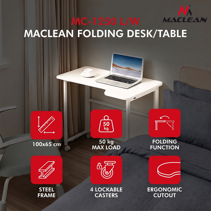Mesa de trabajo plegable Maclean, blanca, con ruedas, 100 x 65 cm, máx. 50 kg, en ángulo, forma de L, MC-1250 L/W