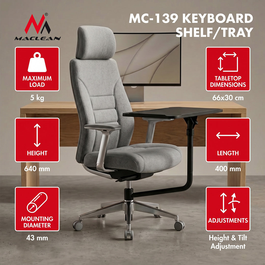 Estante / bandeja para teclado Maclean, negro, dimensiones de la bandeja: 66 x 30 cm, para montar en una silla de oficina, hasta 5 kg, MC-139