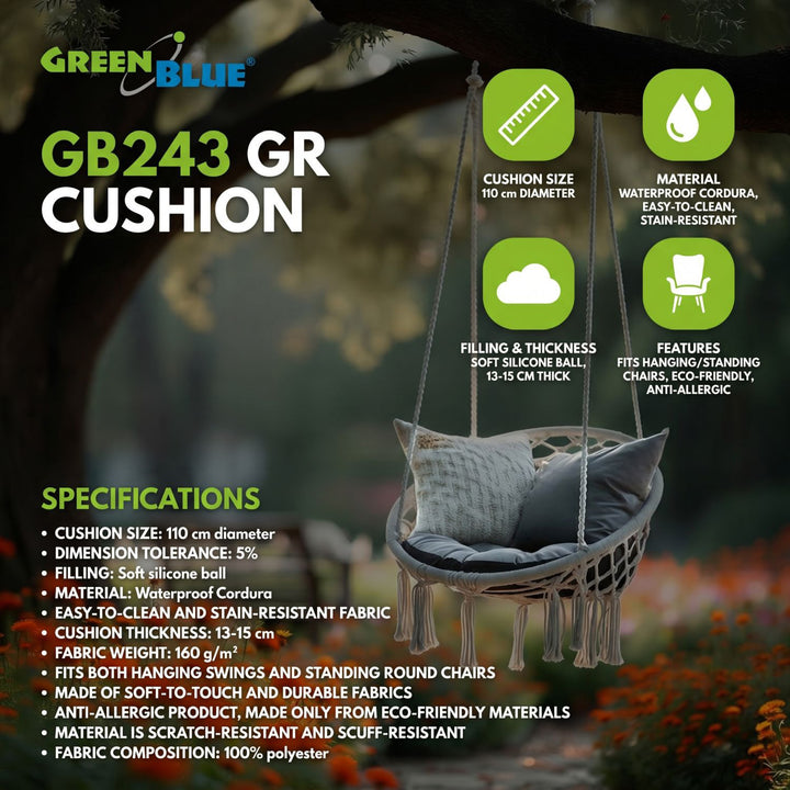 Cojín GreenBlue, gris, de jardín, con diseño de nido de cigüeña, 110 cm, GB243 GR
