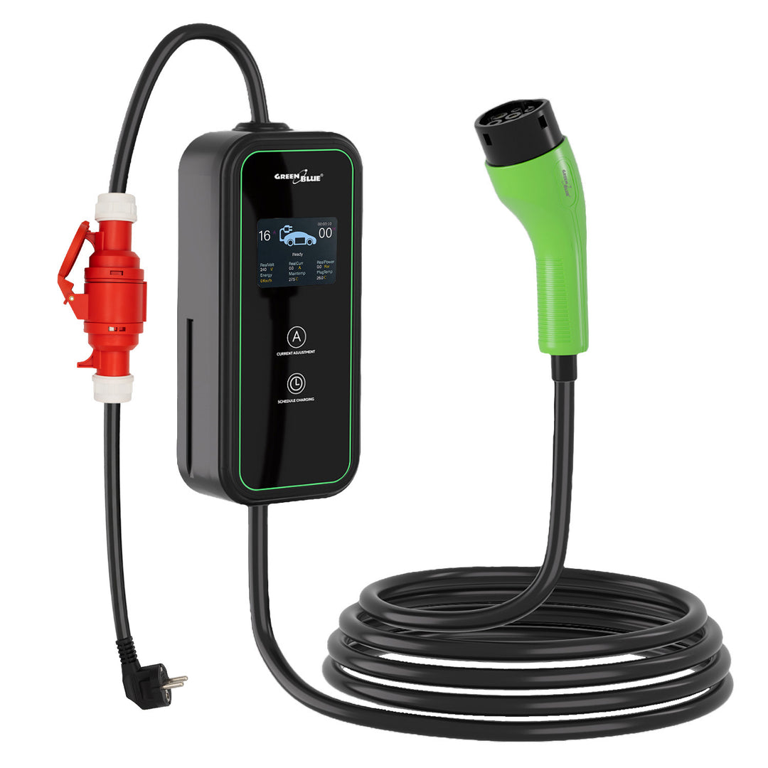 Cargador para vehículos eléctricos (EV) y híbridos enchufados (PHEV) GreenBlue, portátil, tipo 2, longitud del cable: 6,8 m, IP65, 11 kW, 220-380 V CA, 50/60 Hz, 16 A, trifásico, GB1100
