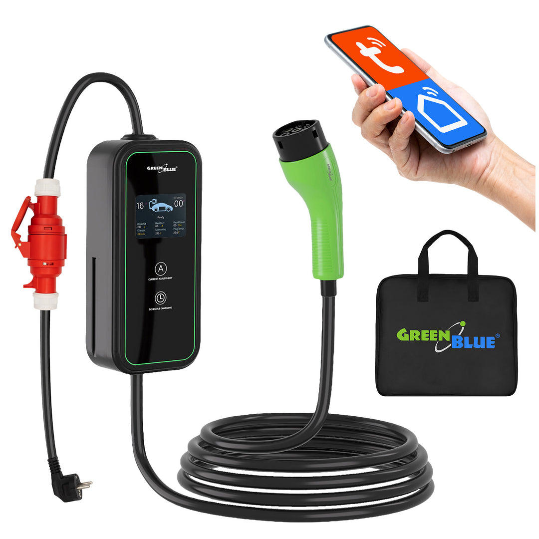 Cargador para vehículos eléctricos (EV) y híbridos enchufados (PHEV) GreenBlue, portátil, tipo 2, longitud del cable: 6,8 m, IP65, 11 kW, 220-380 V CA, 50/60 Hz, 16 A, trifásico, GB1100