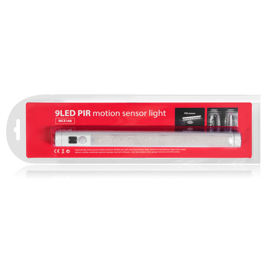 2 lámparas LED de cocina Maclean, para debajo de los armarios, 9 SMD, a pilas, con sensor PIR de encendido/apagado, MCE166 + 6 pilas R-06 R06 AA LR06 de 1,5 V VARTA Longlife Power
