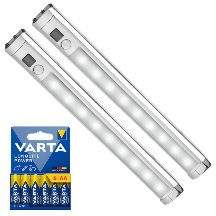 2 lámparas LED de cocina Maclean, para debajo de los armarios, 9 SMD, a pilas, con sensor PIR de encendido/apagado, MCE166 + 6 pilas R-06 R06 AA LR06 de 1,5 V VARTA Longlife Power