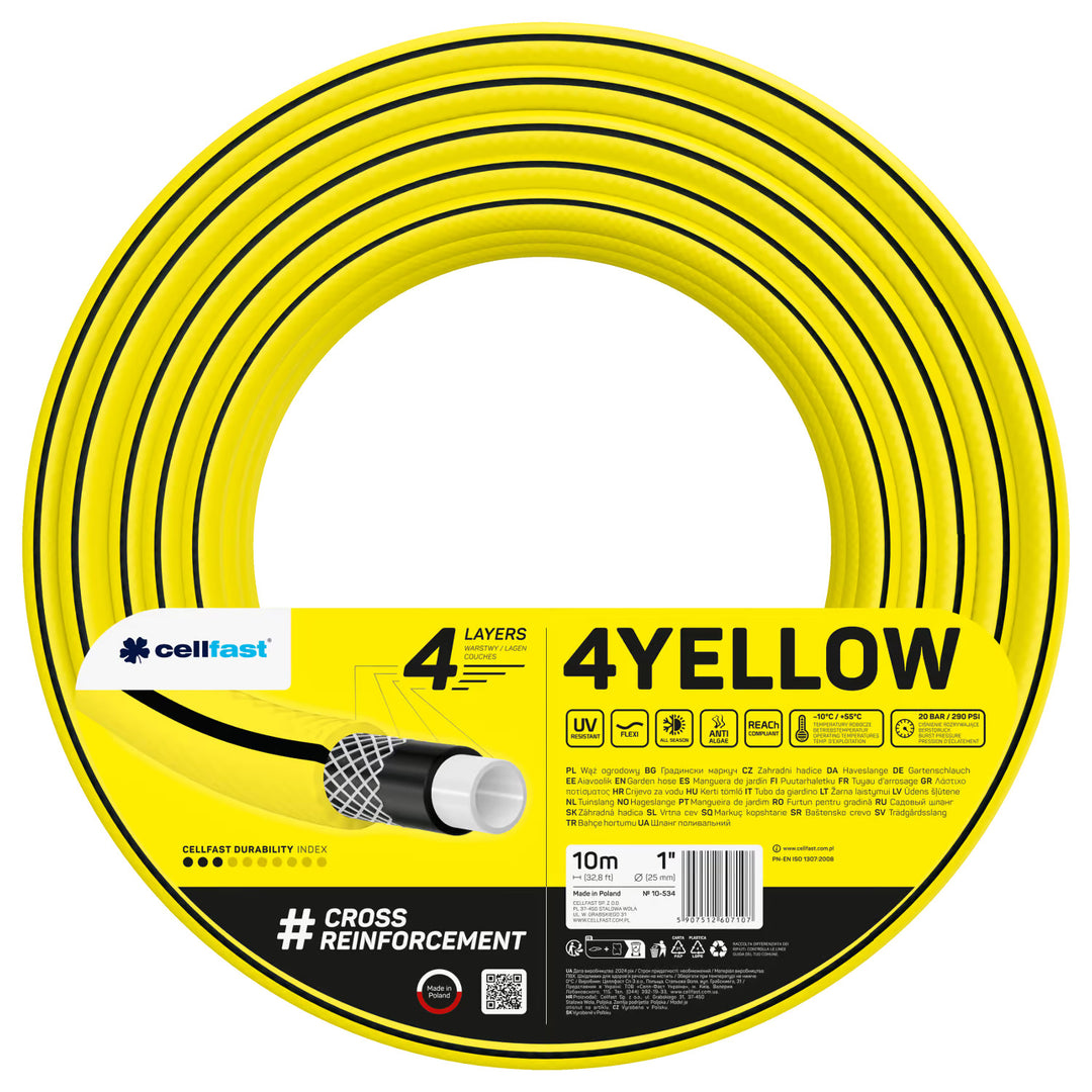 Manguera de jardín Cellfast, de 4 capas, resistente a los rayos UV, diámetro de 1", longitud de 10 m, 4YELLOW