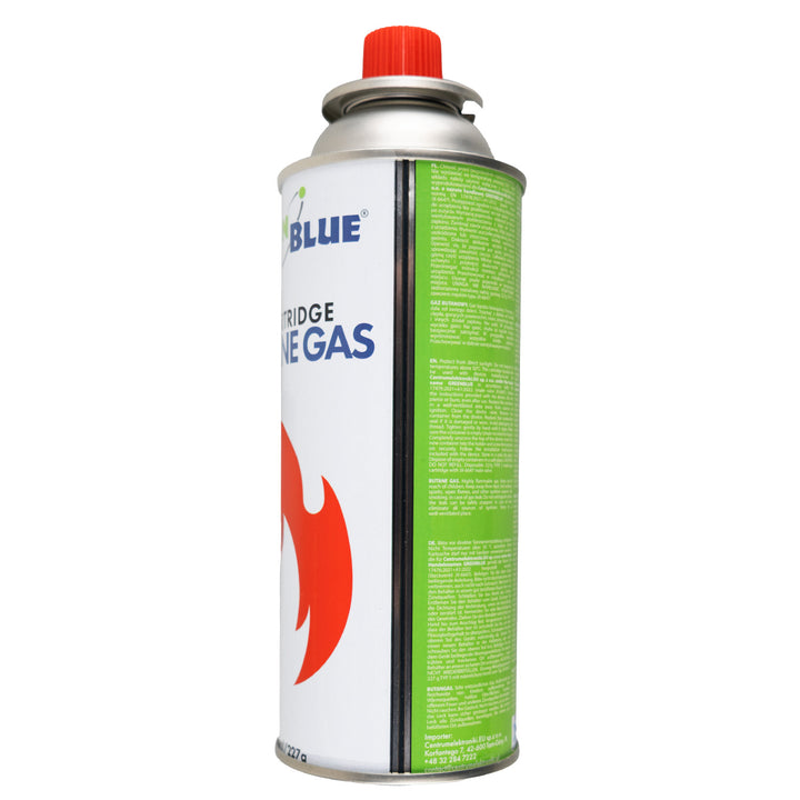 2 cartuchos de gas GreenBlue de 227 g. Certificado: Pi 0875, conforme a la norma EN 417, butano, rango de temperatura de funcionamiento: de -10 °C a +40 °C, GB227