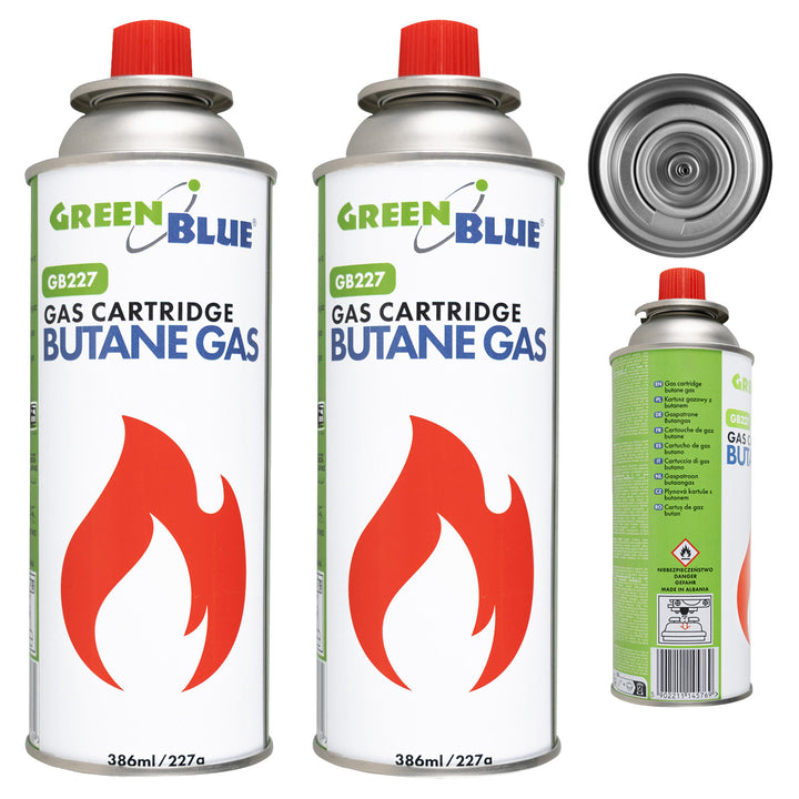 2 cartuchos de gas GreenBlue de 227 g. Certificado: Pi 0875, conforme a la norma EN 417, butano, rango de temperatura de funcionamiento: de -10 °C a +40 °C, GB227