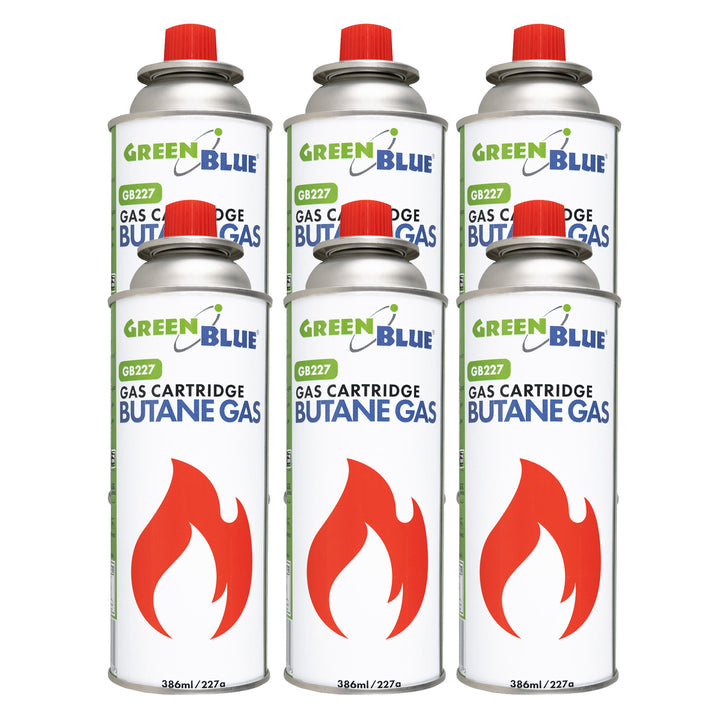 6 cartuchos de gas GreenBlue de 227 g. Certificado: Pi 0875, conforme a la norma EN 417, butano, rango de temperatura de funcionamiento: de -10 °C a +40 °C, GB227
