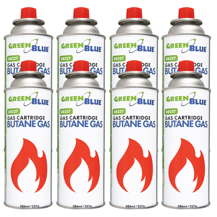 8 cartuchos de gas GreenBlue de 227 g. Certificado: Pi 0875, conforme a la norma EN 417, butano, rango de temperatura de funcionamiento: de -10 °C a +40 °C, GB227