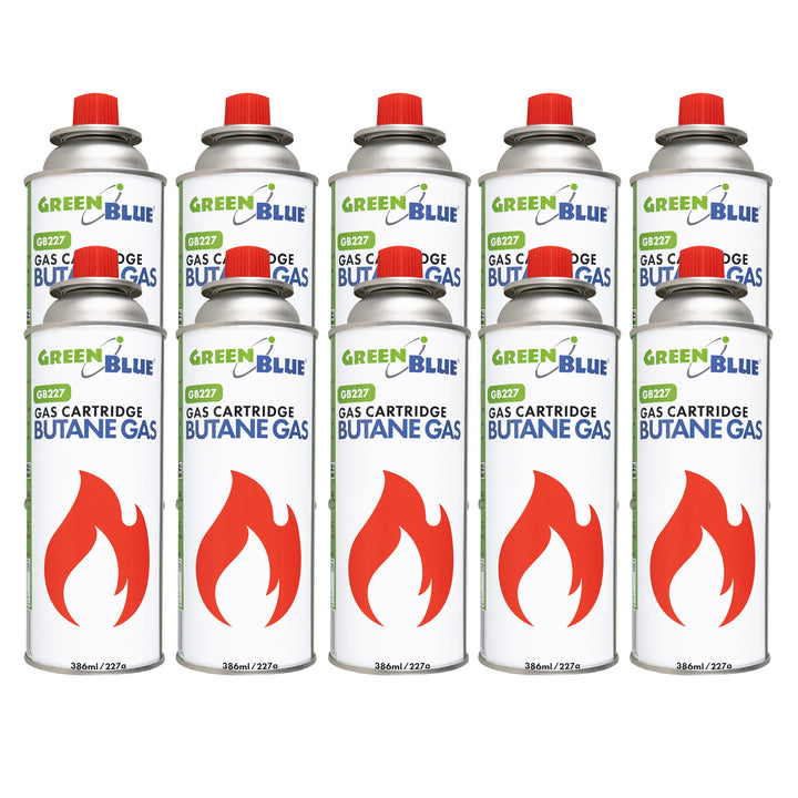 10 cartuchos de gas de 227 g GreenBlue. Certificado: Pi 0875, conforme a la norma EN 417, butano, rango de temperatura de funcionamiento: de -10 °C a +40 °C, GB227