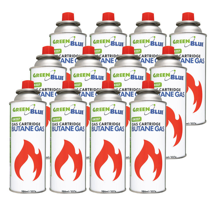 12 cartuchos de gas de 227 g GreenBlue. Certificado: Pi 0875, conforme a la norma EN 417, butano, rango de temperatura de funcionamiento: de -10 °C a +40 °C, GB227