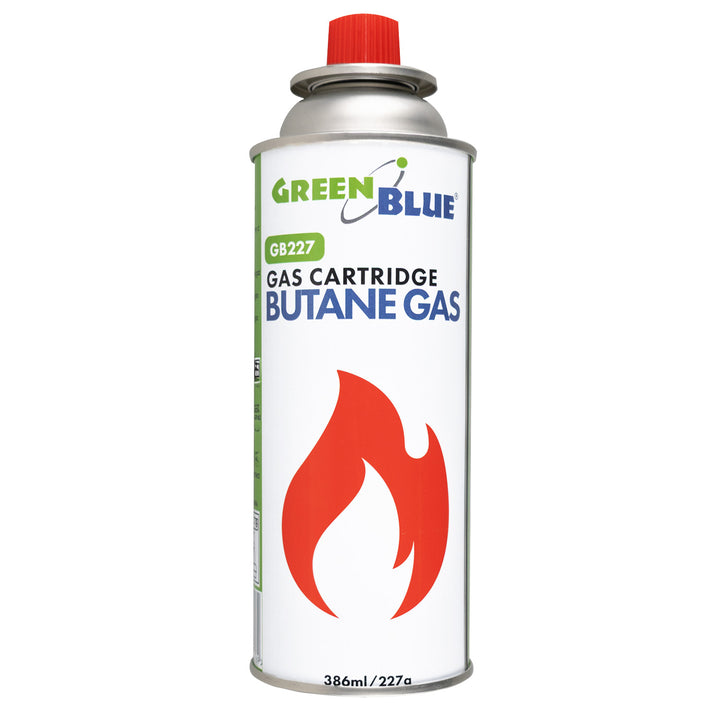 14 cartuchos de gas de 227 g GreenBlue. Certificado: Pi 0875, conforme a la norma EN 417, butano, rango de temperatura de funcionamiento: de -10 °C a +40 °C, GB227