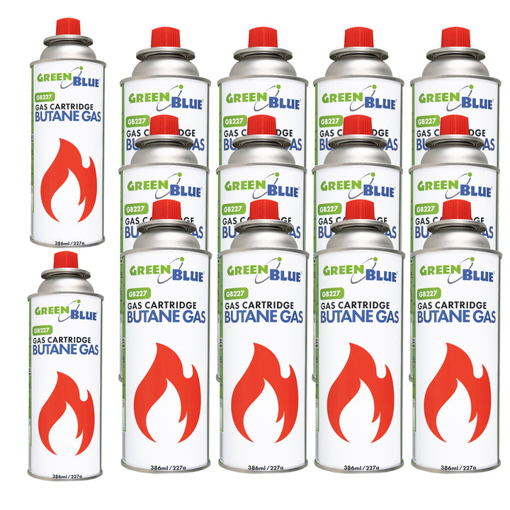 14 cartuchos de gas de 227 g GreenBlue. Certificado: Pi 0875, conforme a la norma EN 417, butano, rango de temperatura de funcionamiento: de -10 °C a +40 °C, GB227