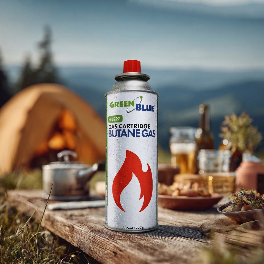 16 cartuchos de gas de 227 g GreenBlue. Certificado: Pi 0875, conforme a la norma EN 417, butano, rango de temperatura de funcionamiento: de -10 °C a +40 °C, GB227