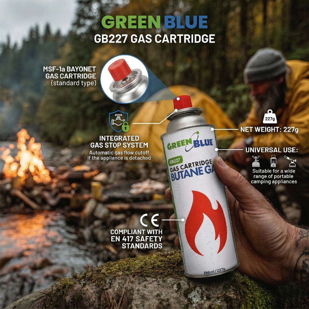 16 cartuchos de gas de 227 g GreenBlue. Certificado: Pi 0875, conforme a la norma EN 417, butano, rango de temperatura de funcionamiento: de -10 °C a +40 °C, GB227