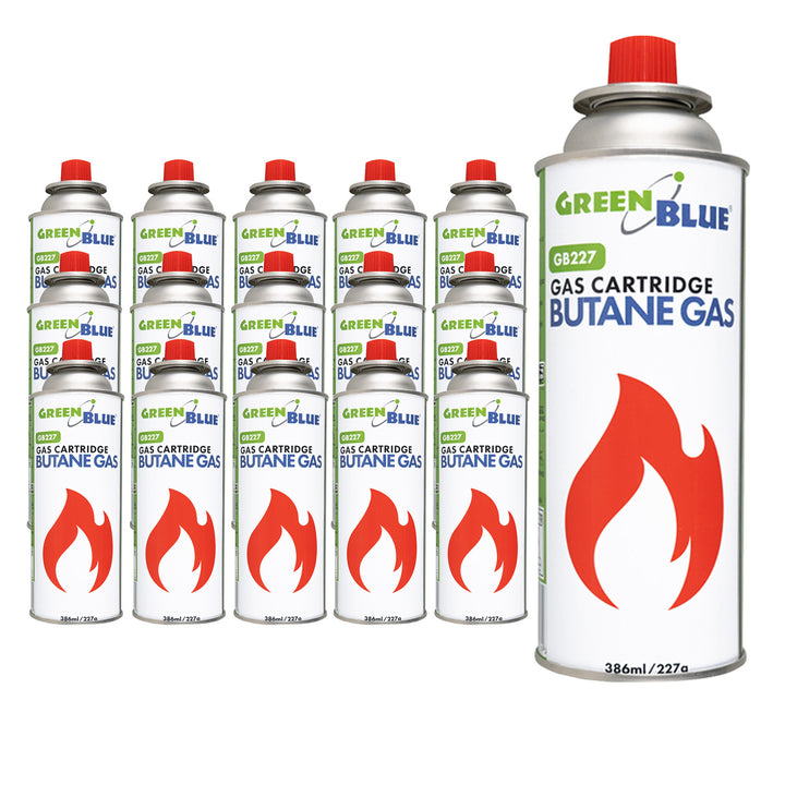 16 cartuchos de gas de 227 g GreenBlue. Certificado: Pi 0875, conforme a la norma EN 417, butano, rango de temperatura de funcionamiento: de -10 °C a +40 °C, GB227