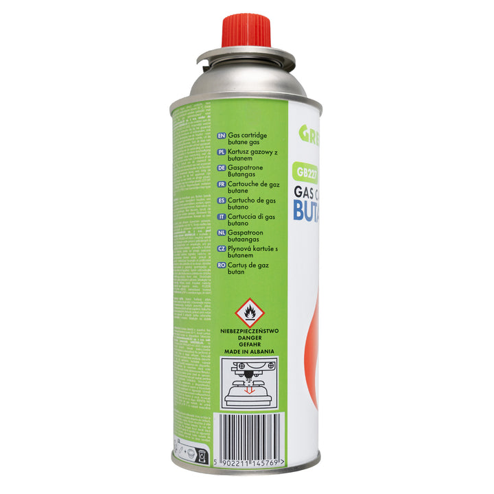 20 cartuchos de gas de 227 g GreenBlue. Certificado: Pi 0875, conforme a la norma EN 417, butano, rango de temperatura de funcionamiento: de -10 °C a +40 °C, GB227