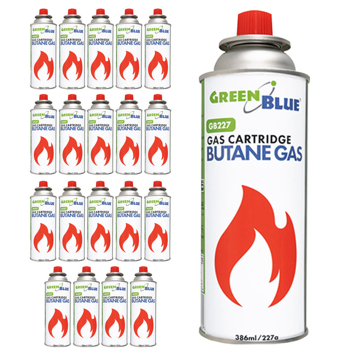 20 cartuchos de gas de 227 g GreenBlue. Certificado: Pi 0875, conforme a la norma EN 417, butano, rango de temperatura de funcionamiento: de -10 °C a +40 °C, GB227