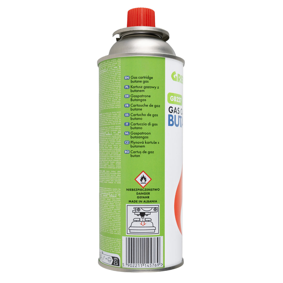Cartucho de gas GreenBlue de 227 g, 28 unidades. Certificado: Pi 0875, conforme a la norma EN 417, butano, rango de temperatura de funcionamiento: de -10 °C a +40 °C, GB227