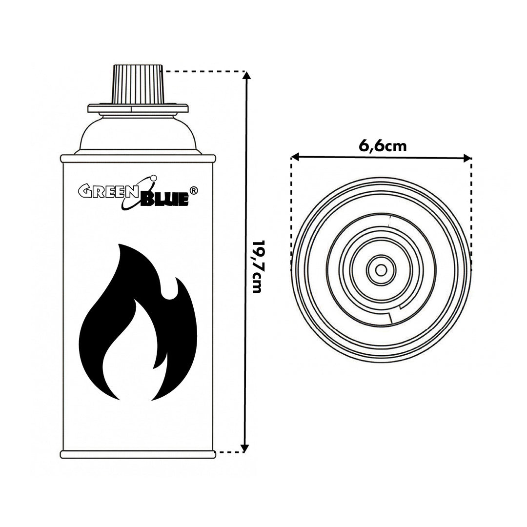 Cartucho de gas GreenBlue de 227 g, 28 unidades. Certificado: Pi 0875, conforme a la norma EN 417, butano, rango de temperatura de funcionamiento: de -10 °C a +40 °C, GB227